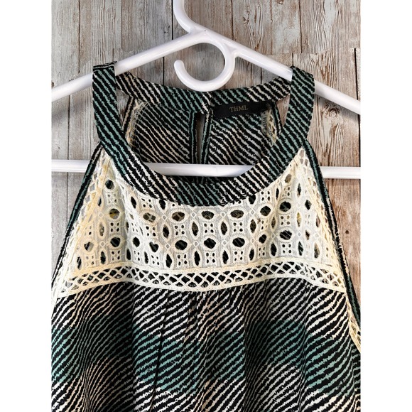THML Top‎ Womens Small Green Beige Striped Eyelet Neckline Keyhole Sleeveless - Picture 3 of 9